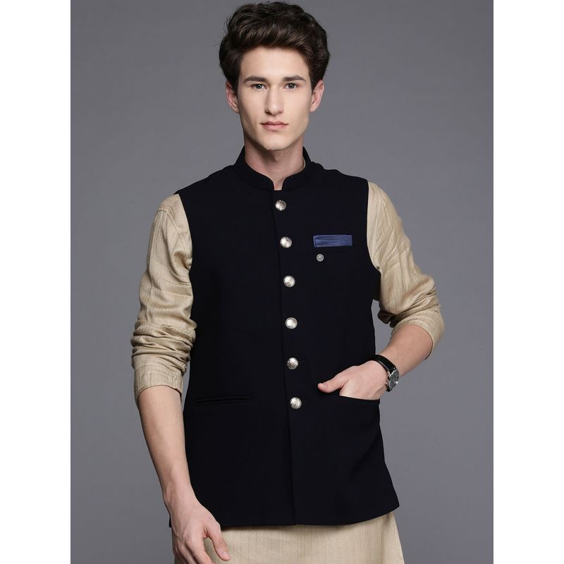 Manyavar Blue Blended Rayon Solid Jacket (M)