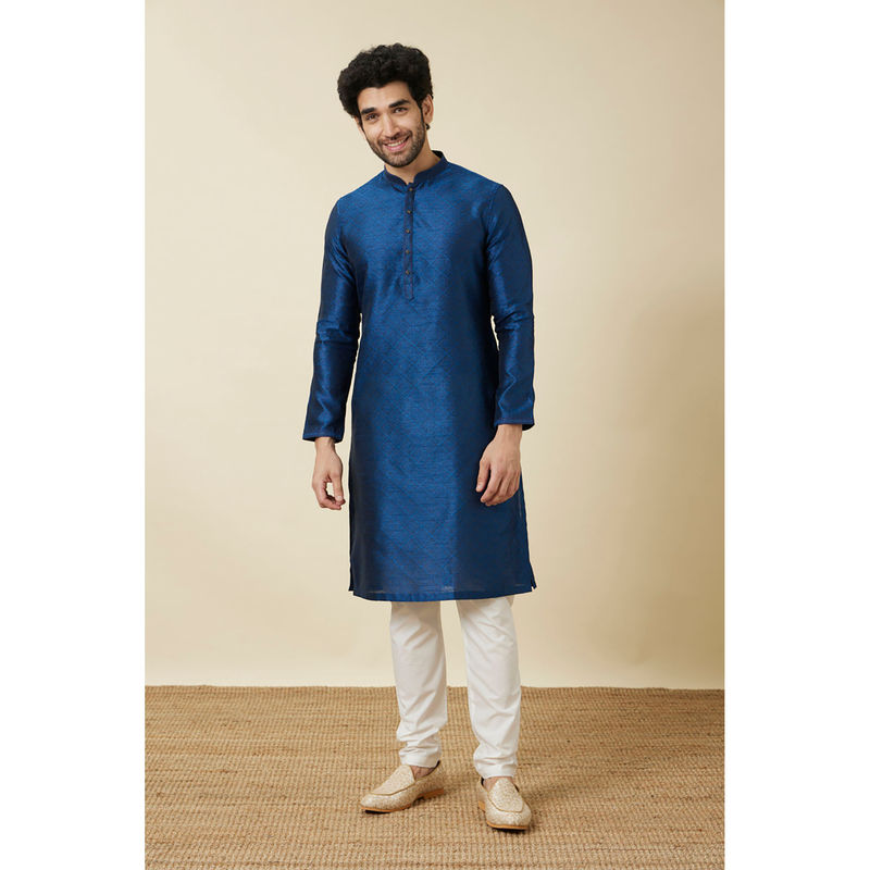 Manyavar Blue Art Silk Printed Kurta (L)