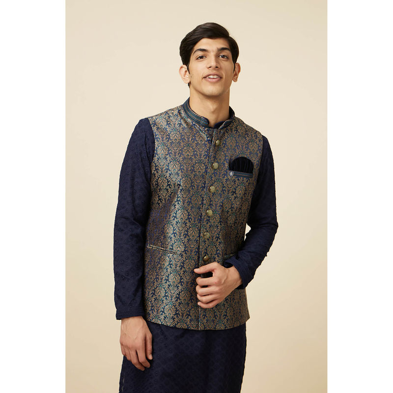 Manyavar Navy Blue Art Silk Printed Sleeveless Jacket (M)