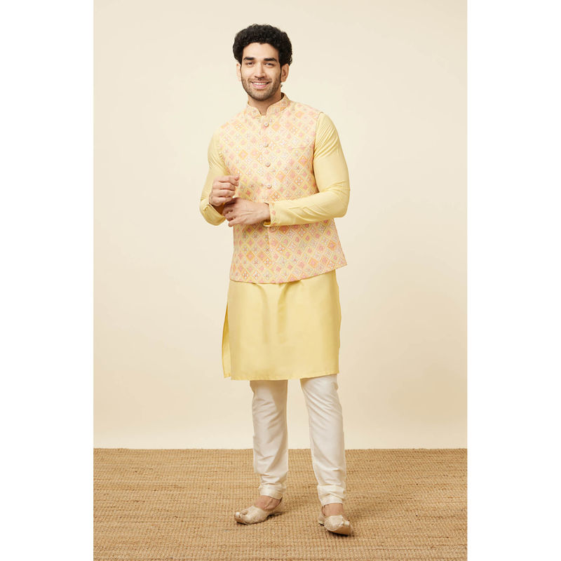 Manyavar Yellow Georgette Viscose Printed Full Sleeves Jacket (M)