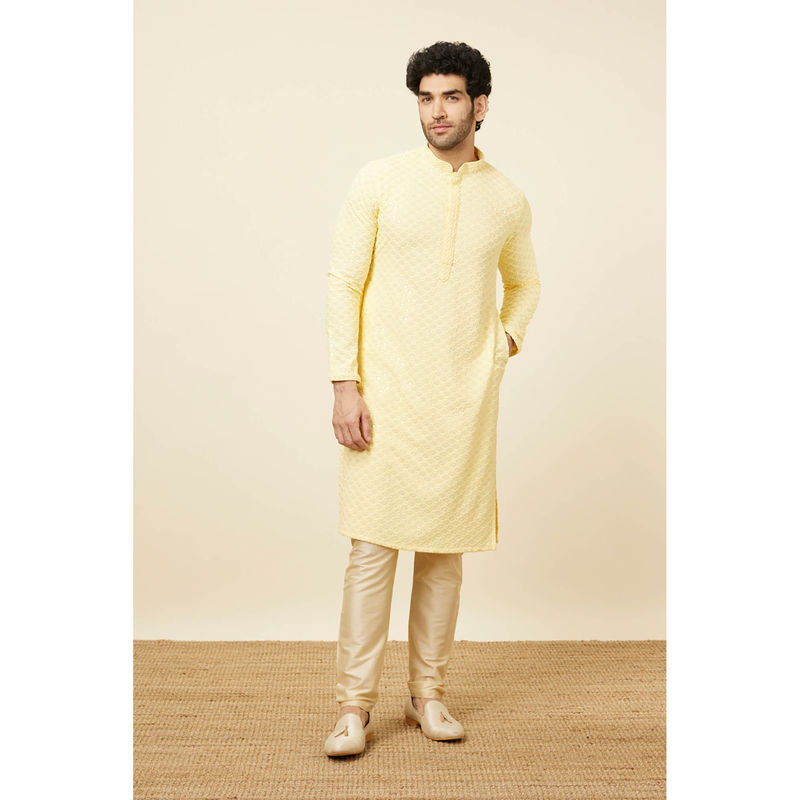Manyavar Yellow Viscose Embroidered Full Sleeves Kurta (S)