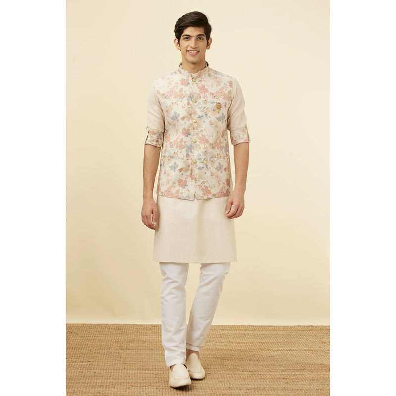 Manyavar Beige Blended Linen Printed Jacket Set (L)