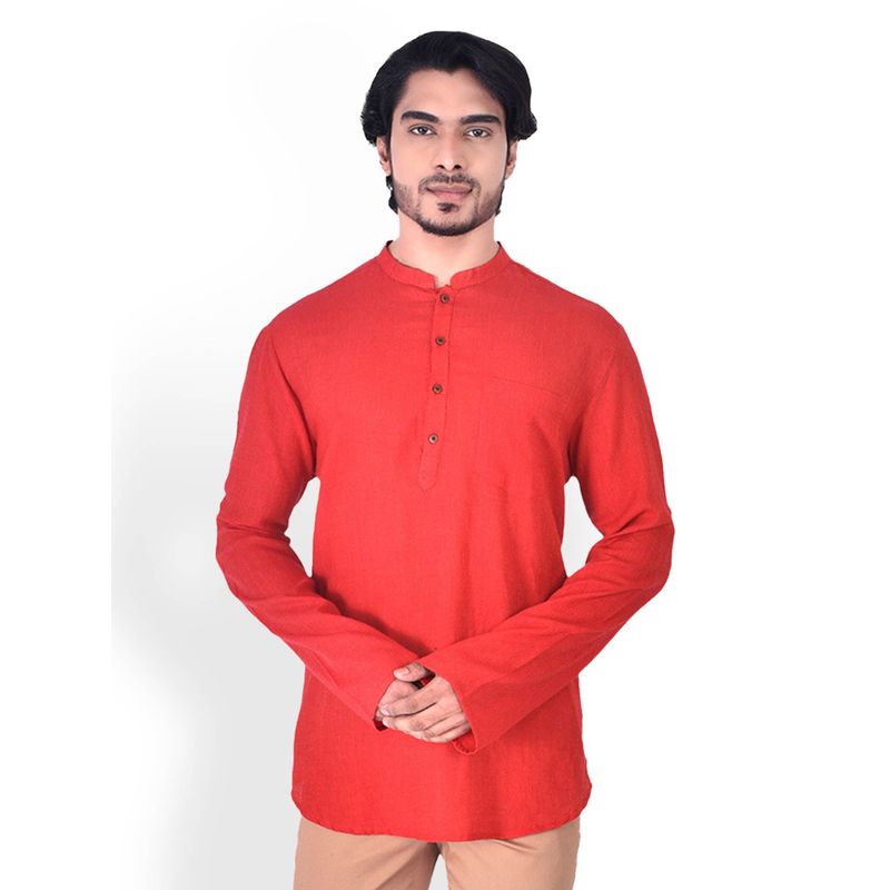 Manthan Red Cotton Blend Short Kurta For Men (L)
