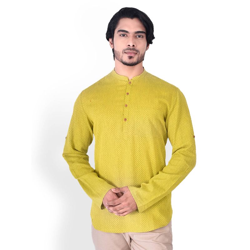 Manthan Green Cotton Blend Short Kurta For Men (L)