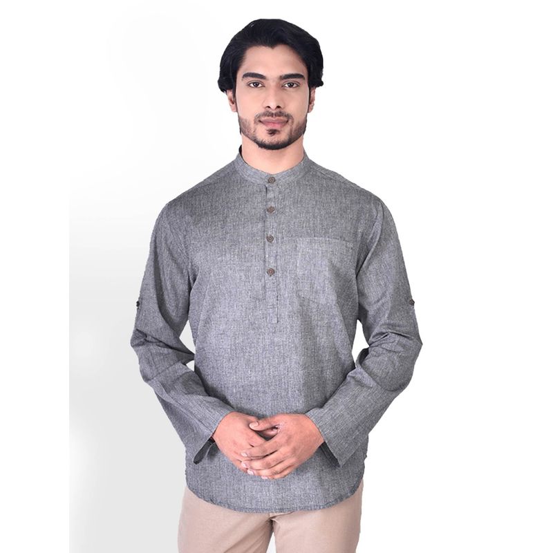 Manthan Grey Cotton Blend Short Kurta For Men (S)