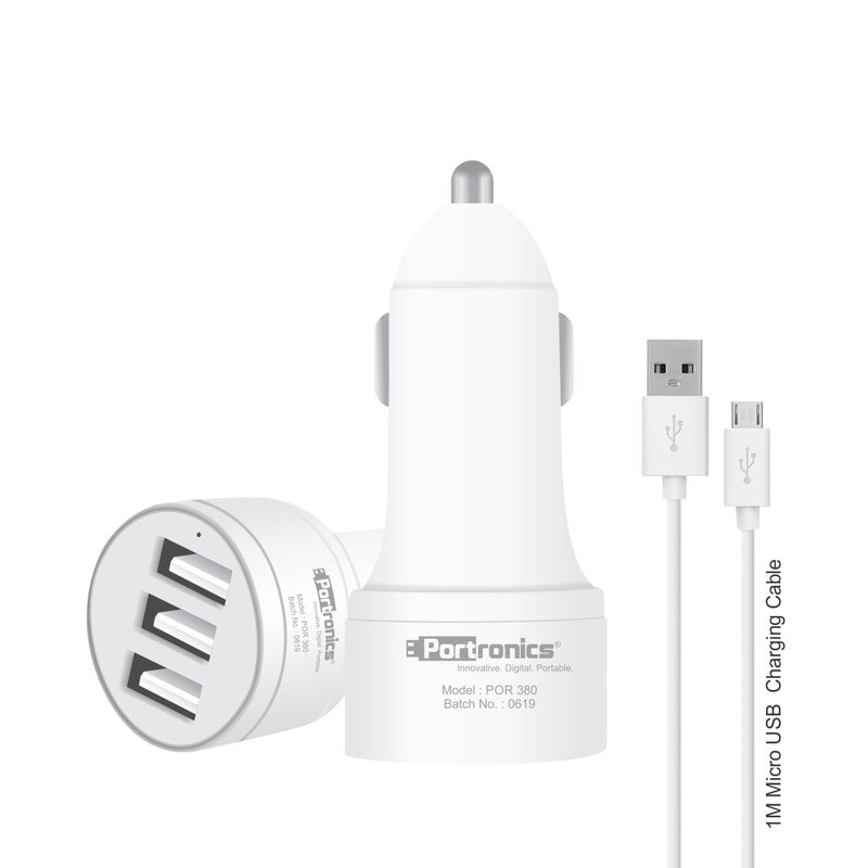Portronics CarPower 3T 3.4A Car Charger with Three USB Port, 1M USB Cable, White