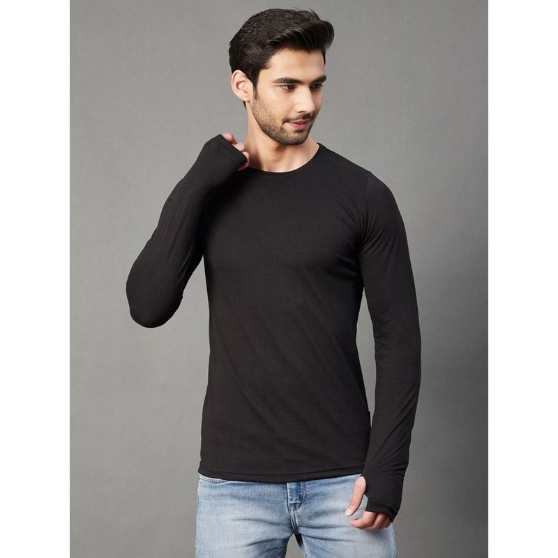 RIGO Men Black Thumbhole Round Neck Full Sleeve T-Shirt (S)
