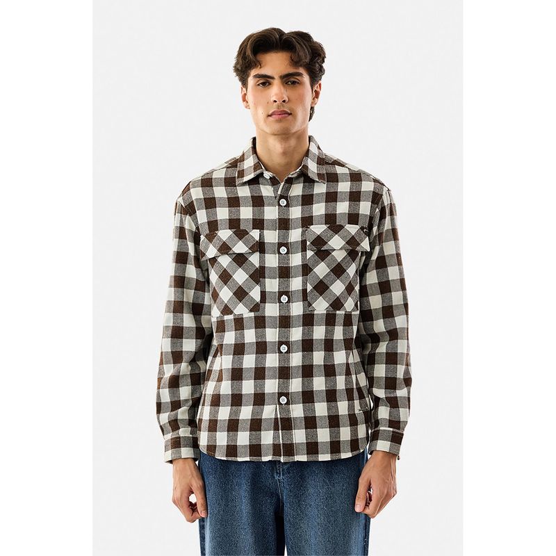 Snitch Brown Checks Collar Neck Casual Shirt (XL)