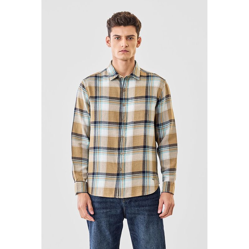 Snitch Tan Checks Collar Neck Casual Shirt (S)