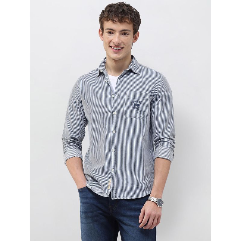 U.S. Polo Assn. Denim Co. Blue Stripes Collar Neck Casual Shirt (44)