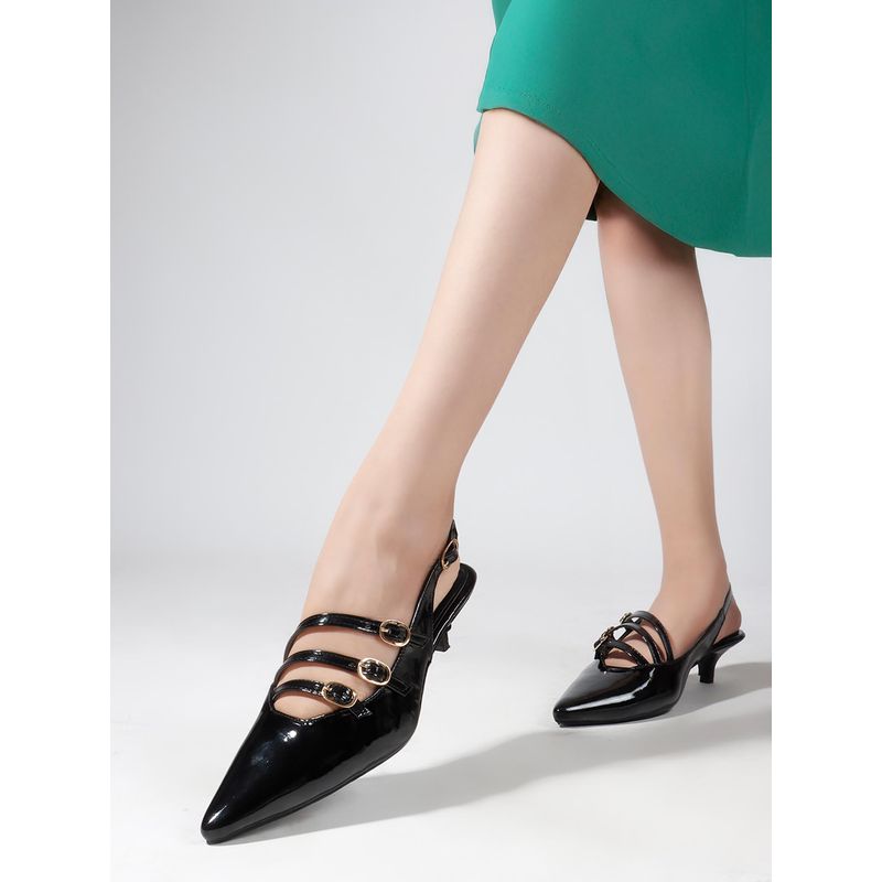 ELLE Women Black Pointed Toe Slingback Sandal Heels (EURO 36)