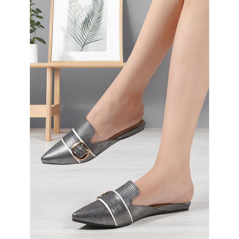 Iconics Women Grey Textured Buckle Pointed Toe Mules (EURO 36)