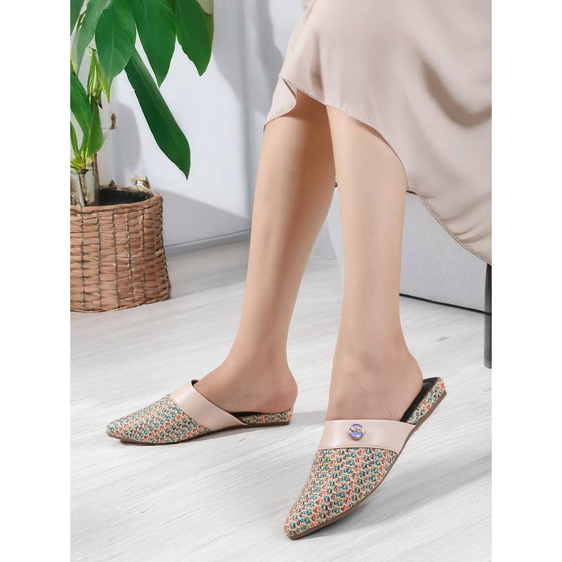 Iconics Women Cream Gemstone Pointed Toe Mules (EURO 36)