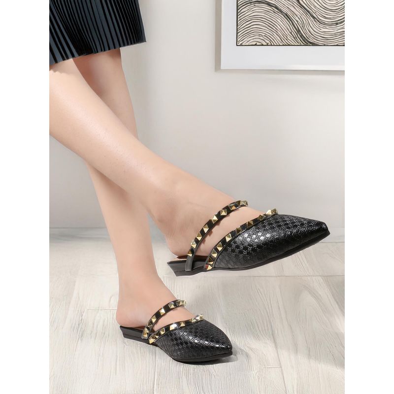 Iconics Women Black Studded Pointed Toe Mules (EURO 36)