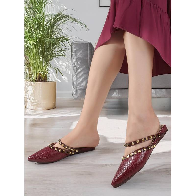 Iconics Women Maroon Studded Pointed Toe Mules (EURO 36)