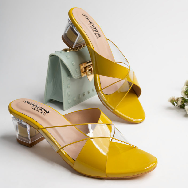 Shoetopia Women Yellow Transparent Colorblock Heels (Euro 36)