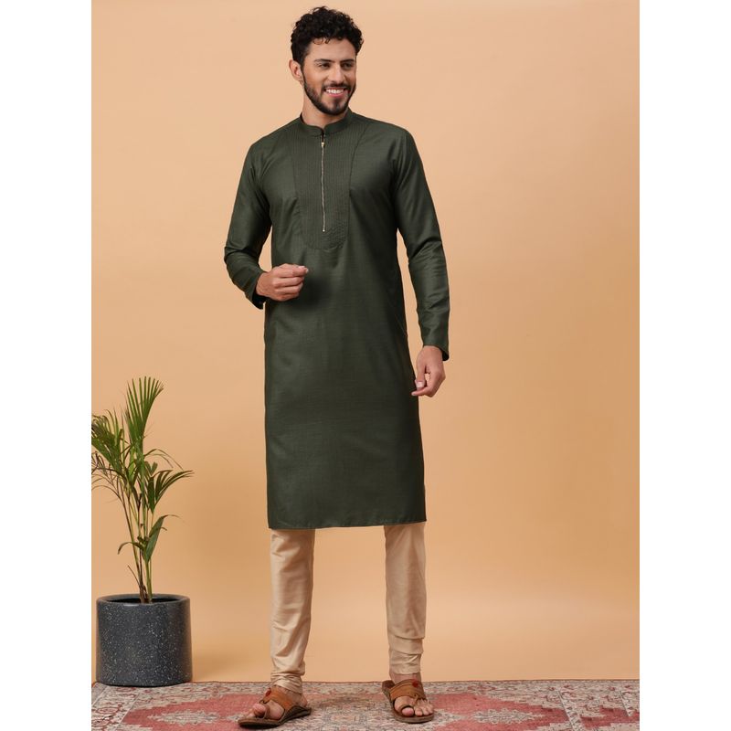 Tabard Solid & Plain Cotton Green Full Sleeves Ethnicwear Kurta for Men (Set of 2) (S)