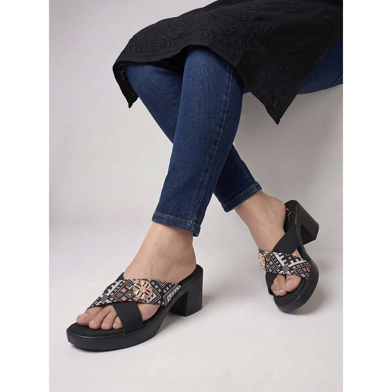 CHINRAAG Elegant Cross Strap Wedge Sandals heels with Ethnic Printed Design (UK 5)