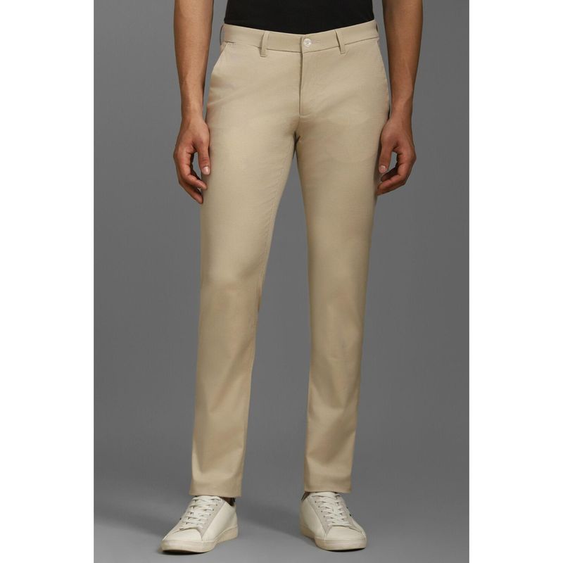 Louis Philippe Men Beige Slim Tapered Fit Textured Flat Front Casual Trousers (34)