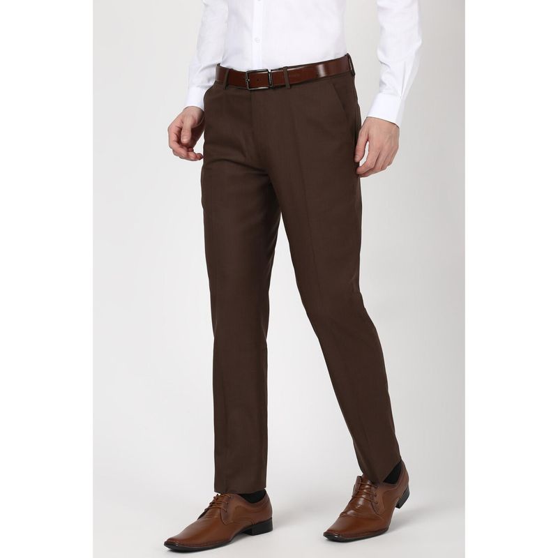 Peter England Men Brown Textured Slim Fit Trousers (30)