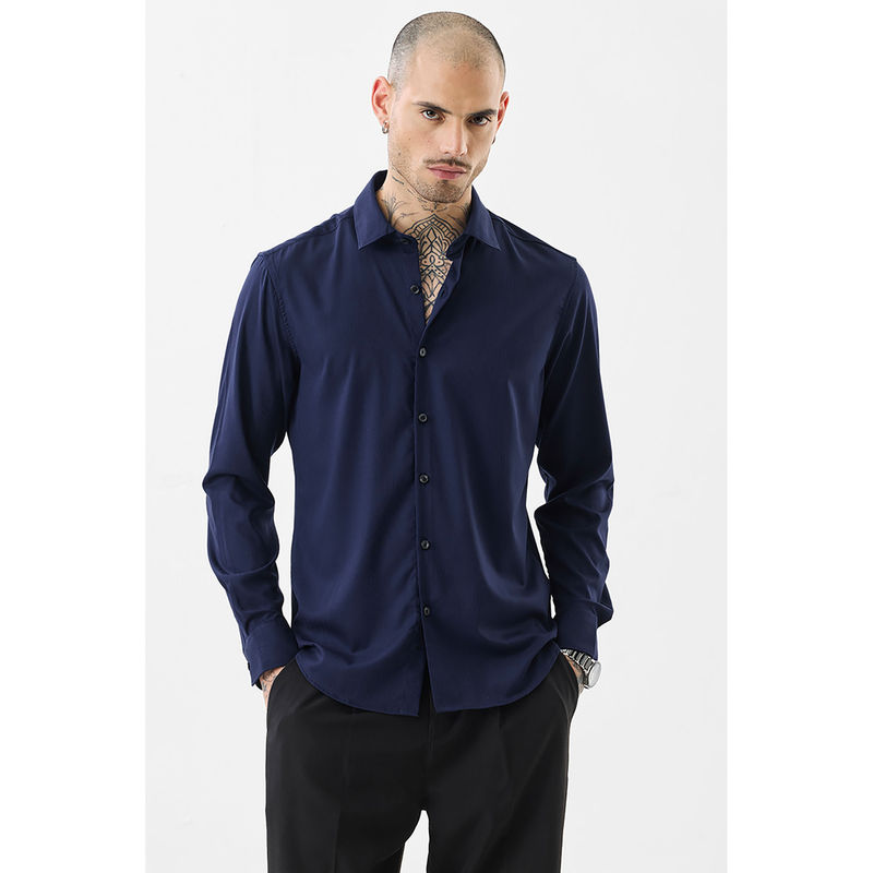 Snitch Men Navy Blue Solid Casual Shirt (S)