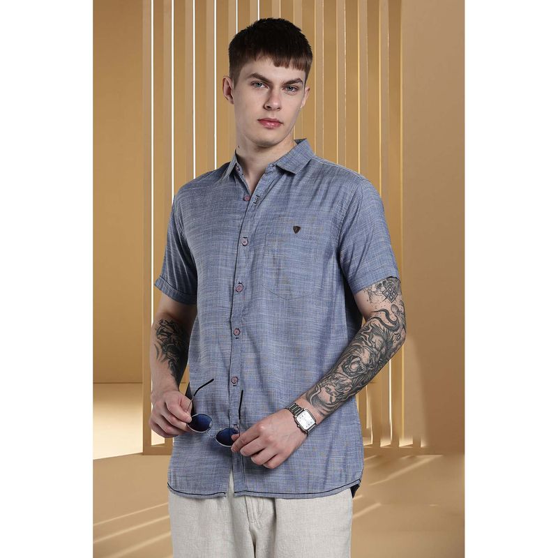 KUONS AVENUE Men's Navy Blue Tailored Fit Lyocell Casual Shirt (S)