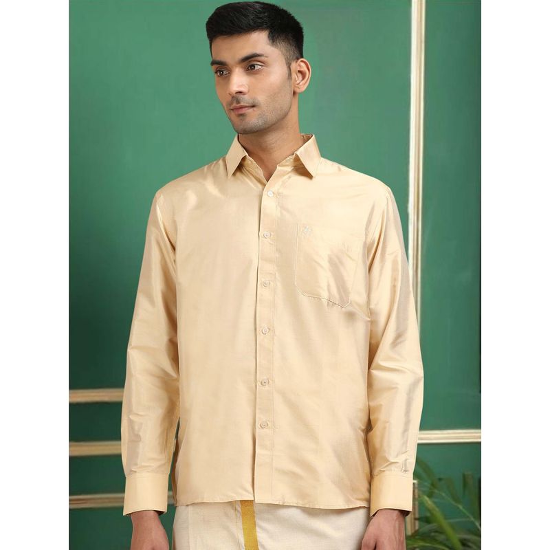 TATTVA Men Beige Toned Pure Silk Shirt (36)