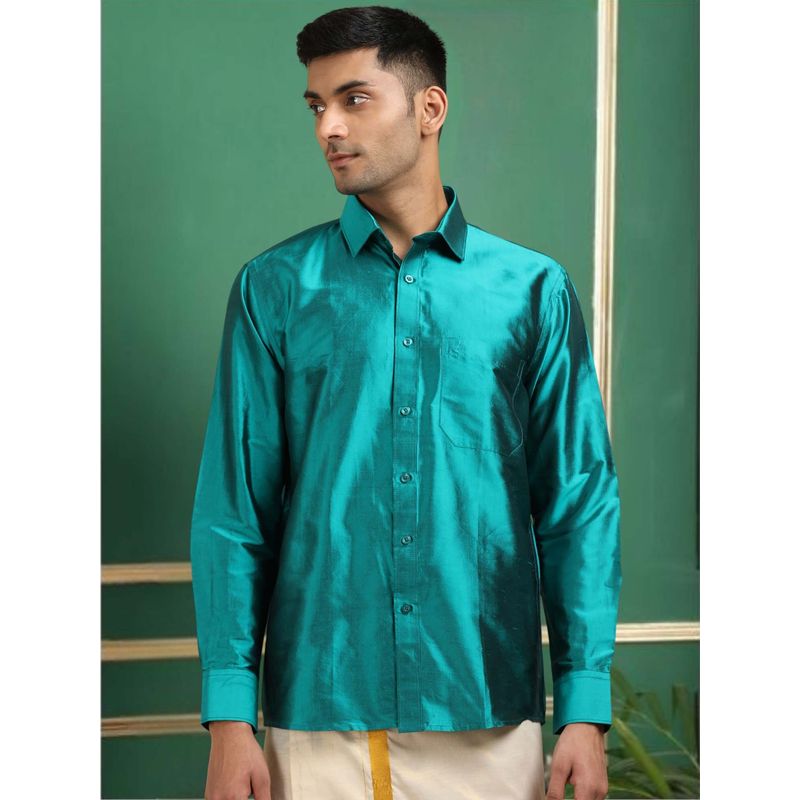 TATTVA Men Sea Green Toned Pure Silk Shirt (38)