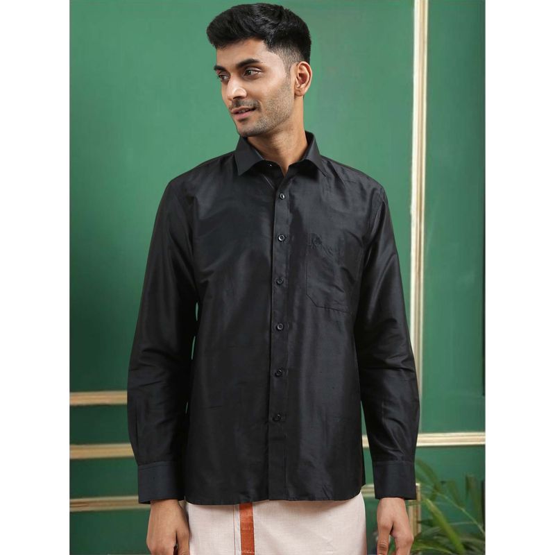 TATTVA Men Black Toned Pure Silk Shirt (38)