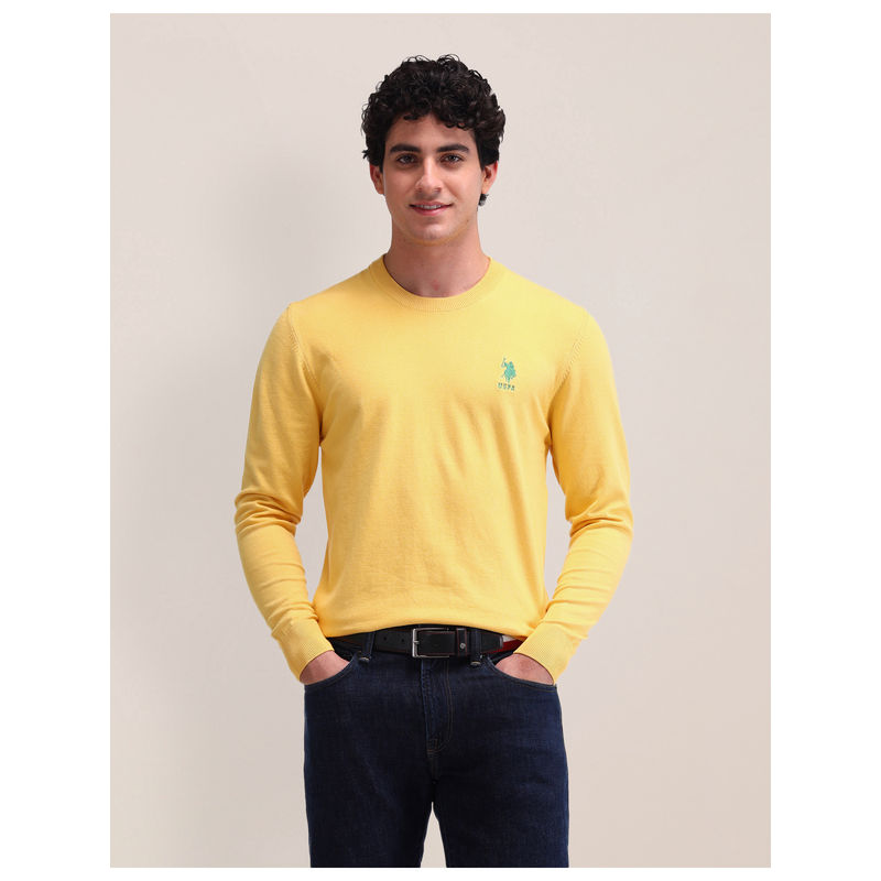 U.S. POLO ASSN. Textured Yellow Full Sleeves Crew Neck Sweater (S)