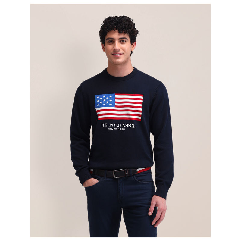 U.S. POLO ASSN. Textured Navy Blue Full Sleeves Crew Neck Sweater (L)