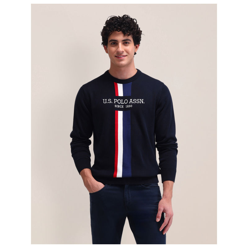 U.S. POLO ASSN. Textured Navy Blue Full Sleeves Crew Neck Sweater (3XL)