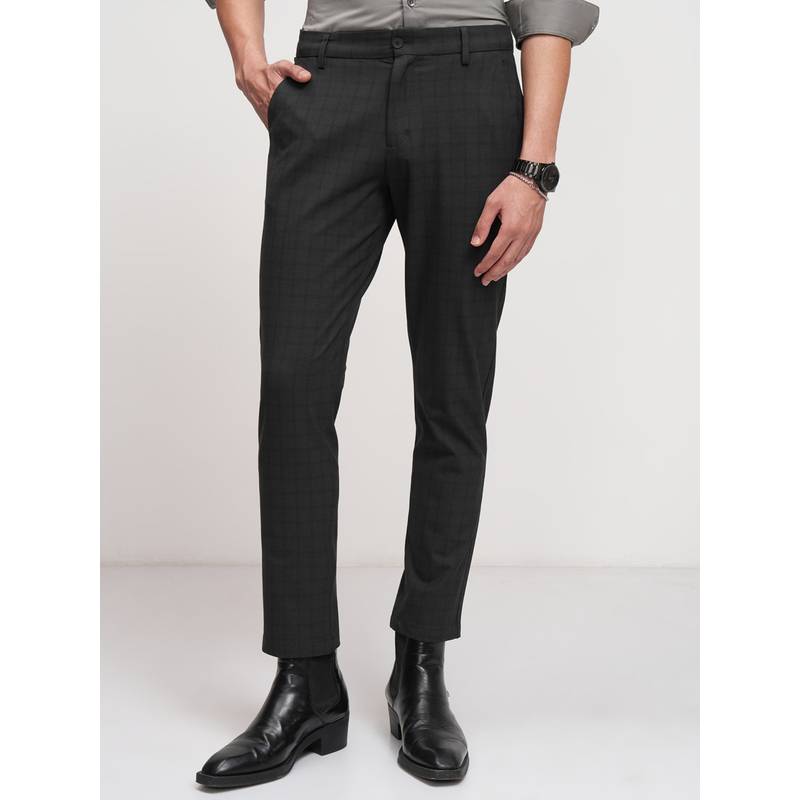 HIGHLANDER Men Black 4 Way Lycra Super Stretch Textured Checked Trouser (32)