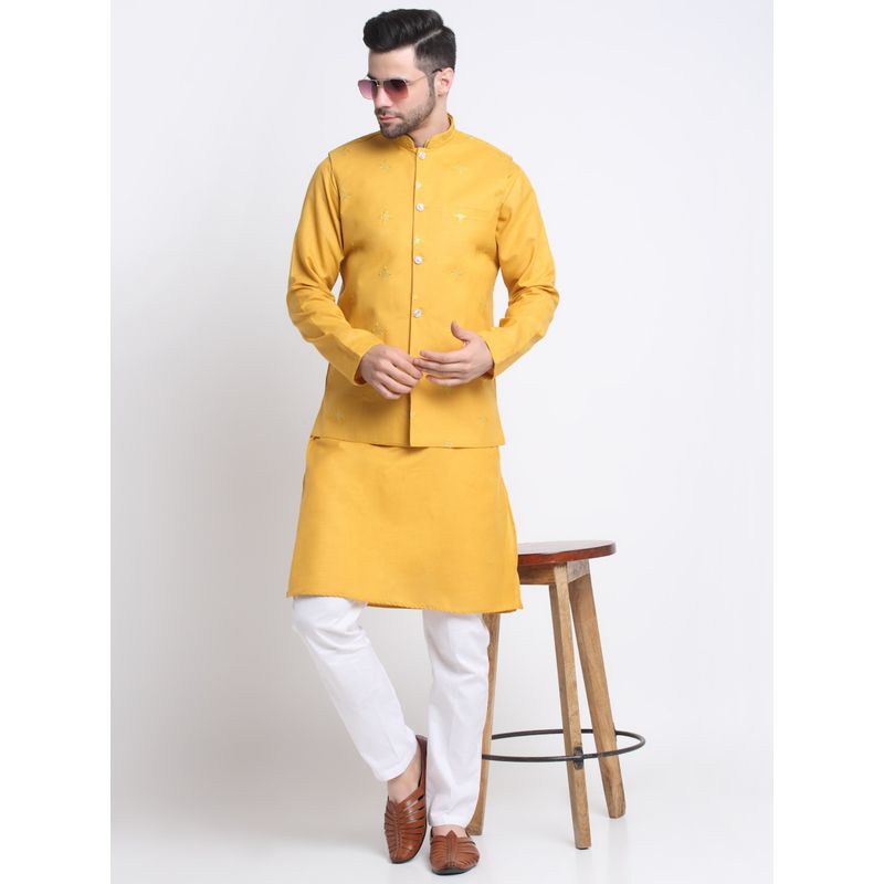 Kraft India Men Yellow Kurta & White Pyjama with Embroidered Sequined Nehru Jacket (Set of 3) (2XL)