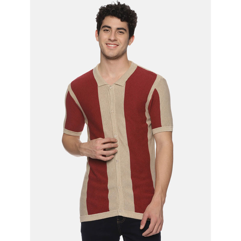 MELVIN JONES Beige & Maroon Knitted Polo T-Shirt (S)