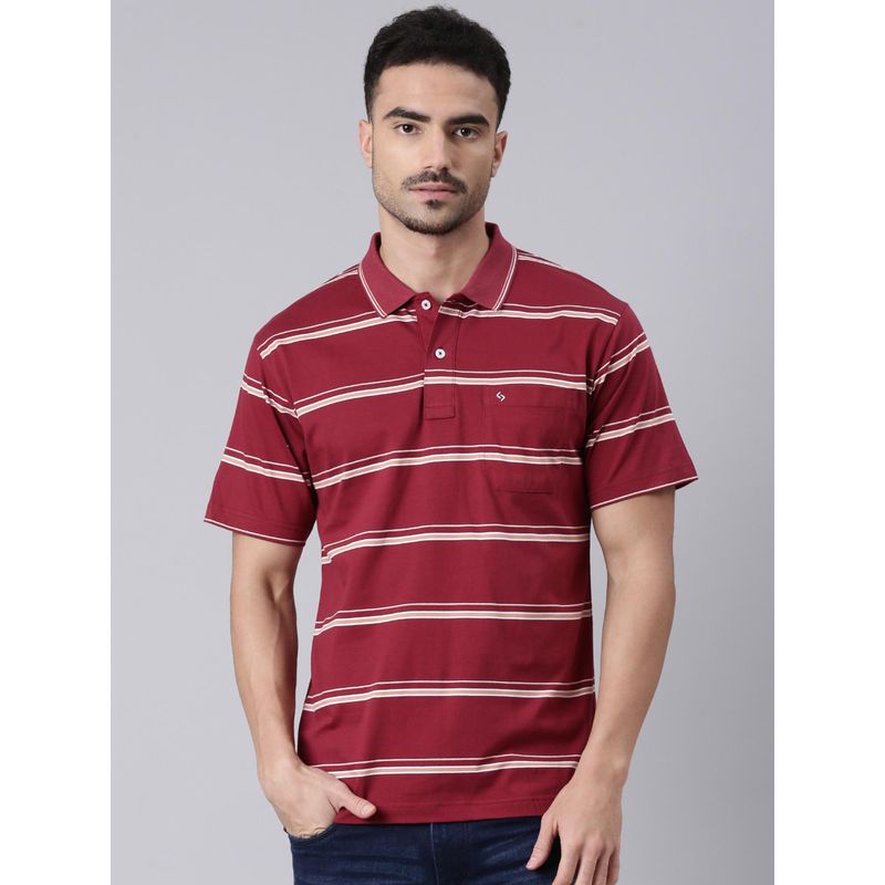 Classic Polo Men Maroon Polo Neck Authentic Fit Stripes Cotton T-shirt (M)