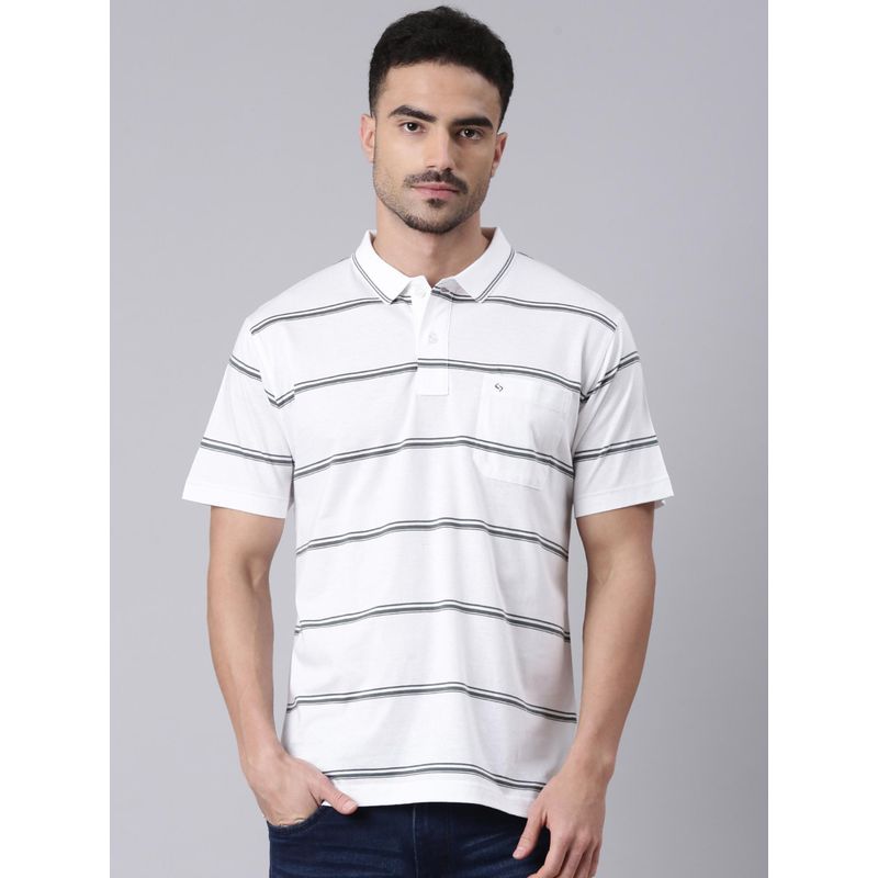 Classic Polo Men White Polo Neck Authentic Fit Stripes Cotton T-shirt (L)