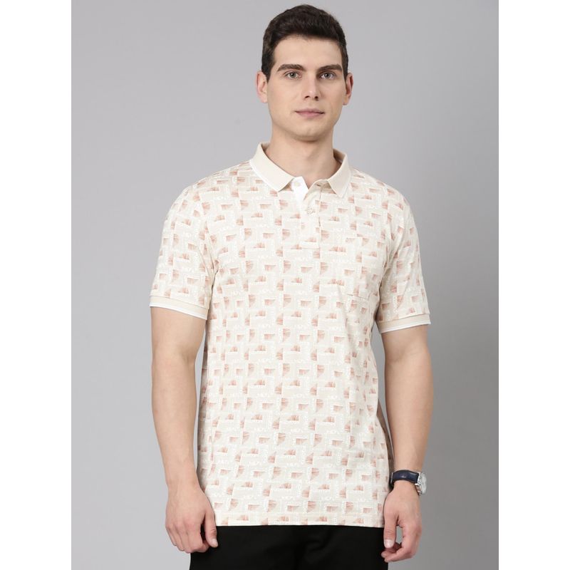Classic Polo Men Beige and Brown Polo Neck Slim Fit Print Cotton T-shirt (M)