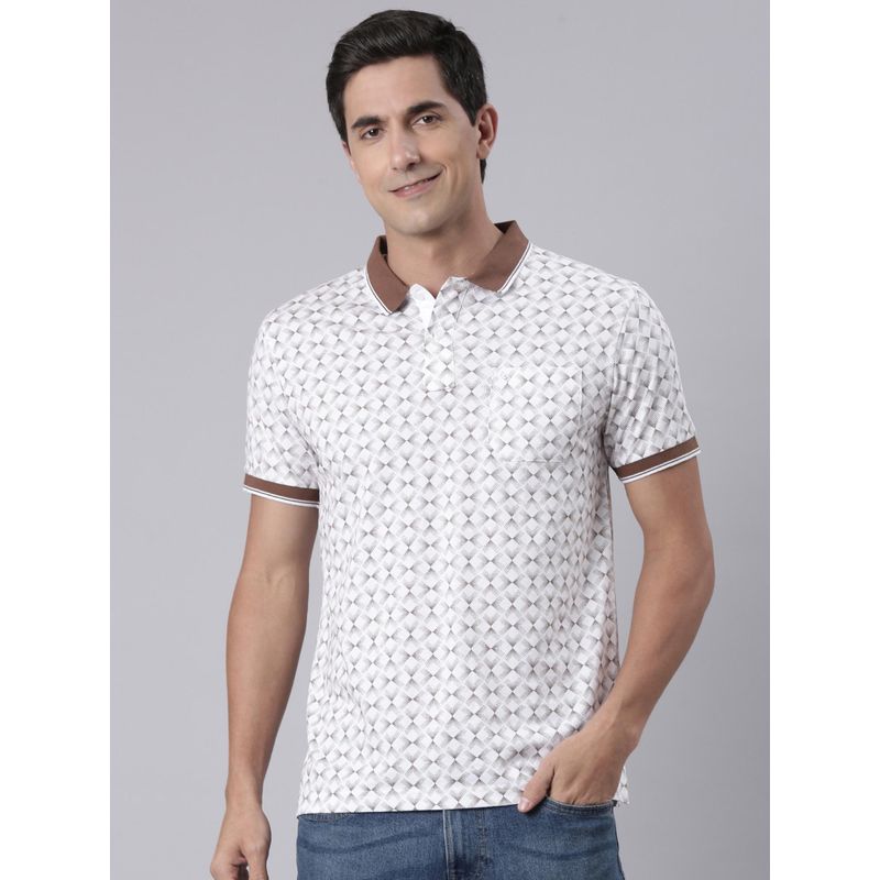 Classic Polo Men White and Brown Polo Neck Slim Fit All Over Print Cotton T-shirt (M)