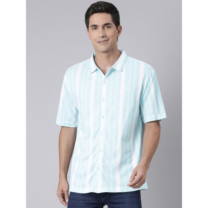 Classic Polo Men Light Blue Polo Neck Stripes Cotton Drop Shoulder Knitted Shirt (M)