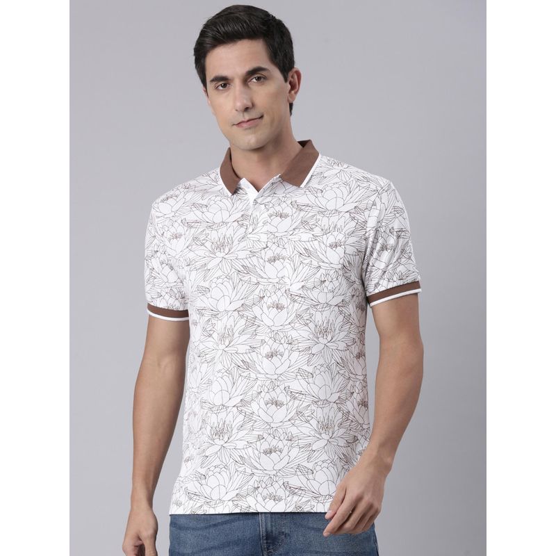 Classic Polo Men Brown and White Polo Neck Floral Print Cotton T-shirt (M)