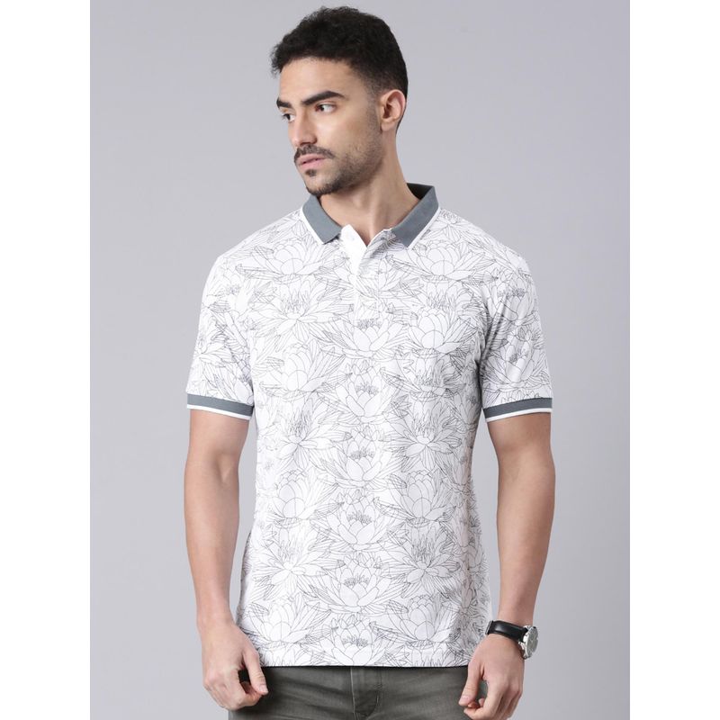 Classic Polo Men Grey and White Polo Neck Floral Print Cotton T-shirt (M)