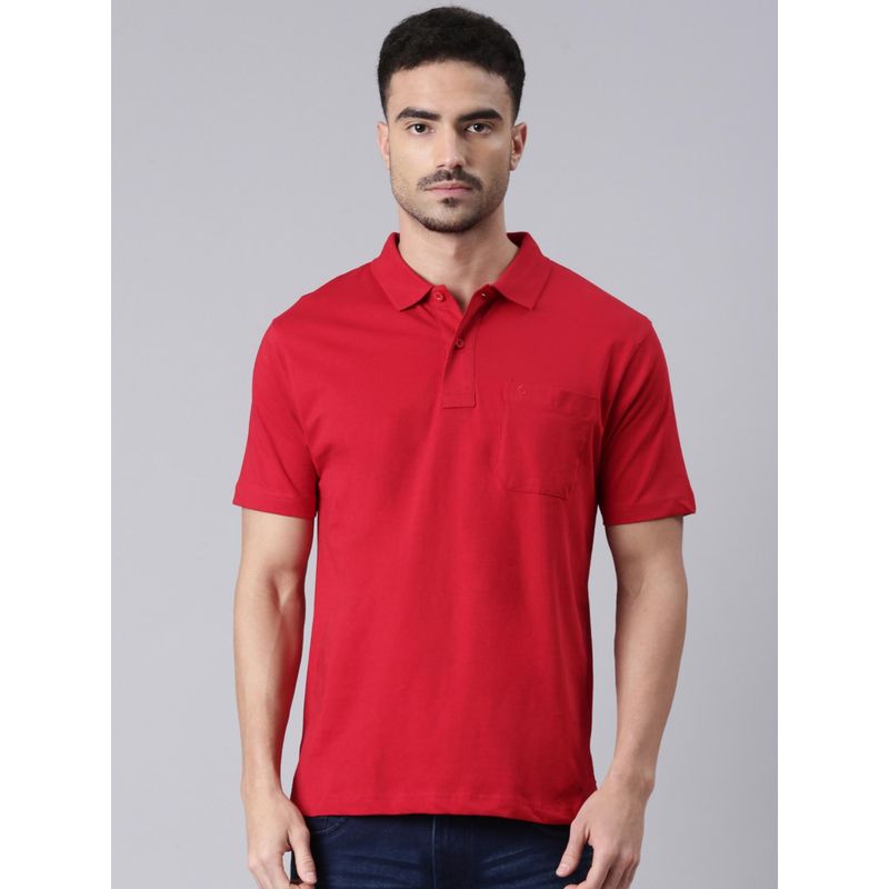 Classic Polo Men Red Polo Neck Solid Cotton T-shirt (M)