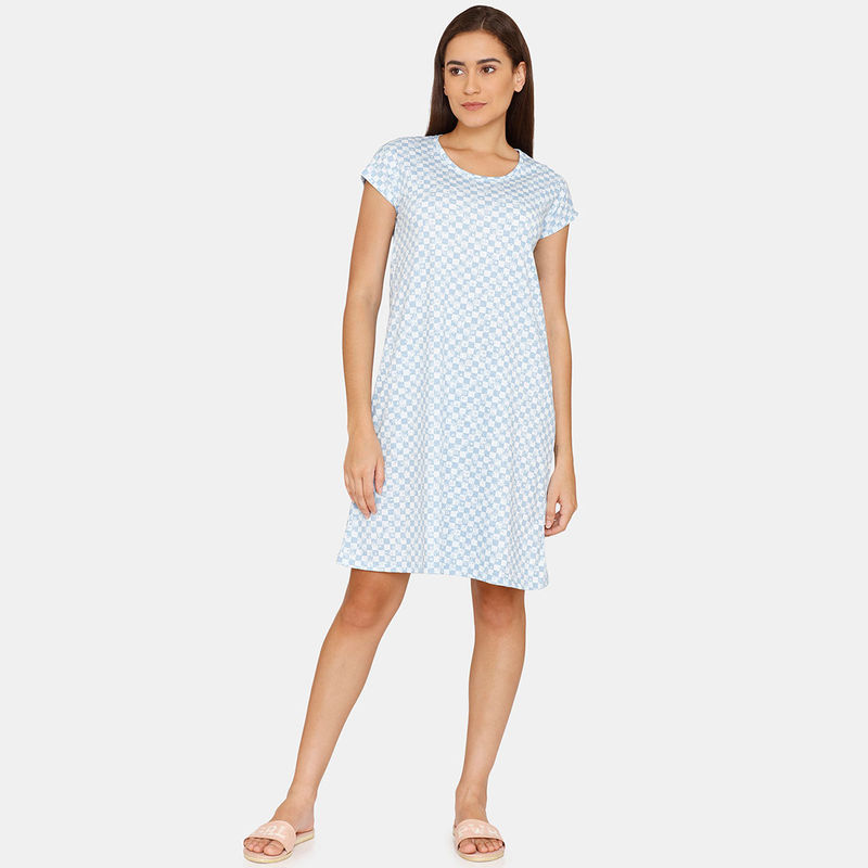 Rosaline Geo Blooms Knit Cotton Knee Length Nightdress - Airy Blue (XS)