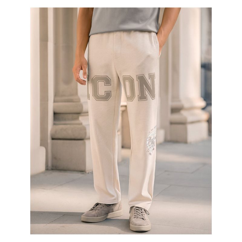Bewakoof Men's Ecru Melange Icon Graphic Printed Oversized Track Pants (S)