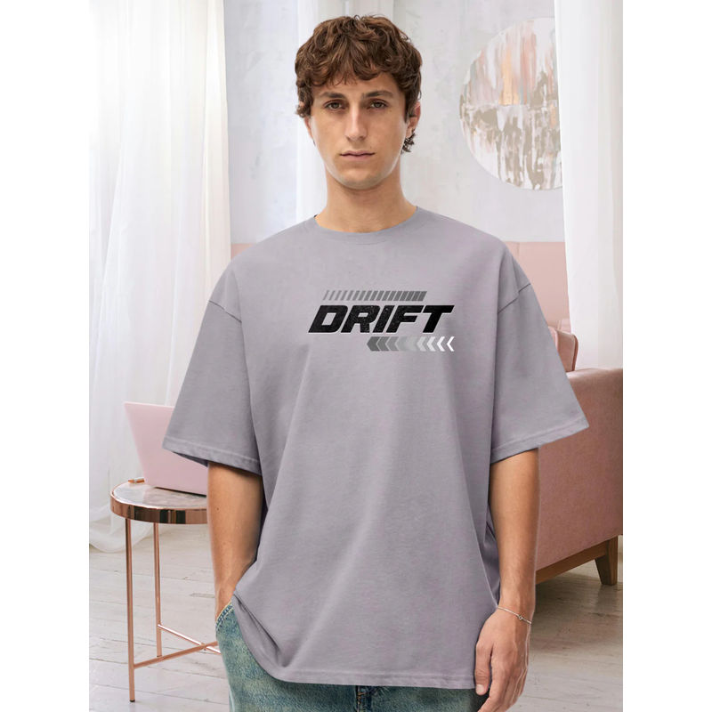 PRONK Cotton Printed Round Neck Oversized Ash Grey T-Shirt for Men (M)