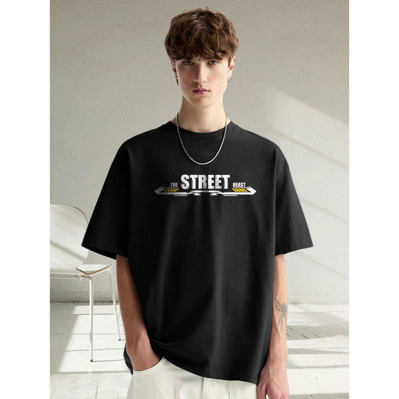 PRONK Cotton Printed Round Neck Oversized Black T-Shirt for Men (XS)