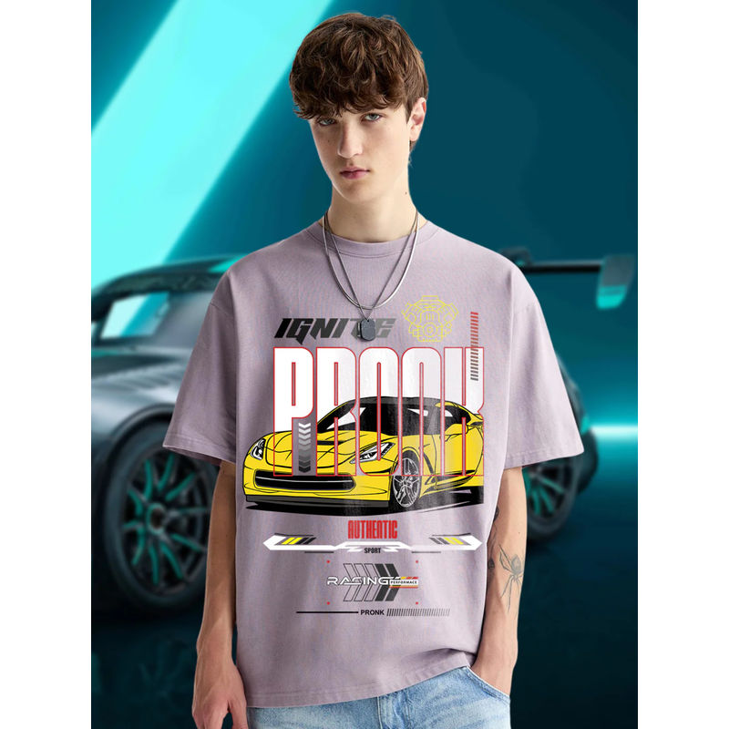 PRONK Cotton Printed Round Neck Oversized Lilac T-Shirt for Men (XS)