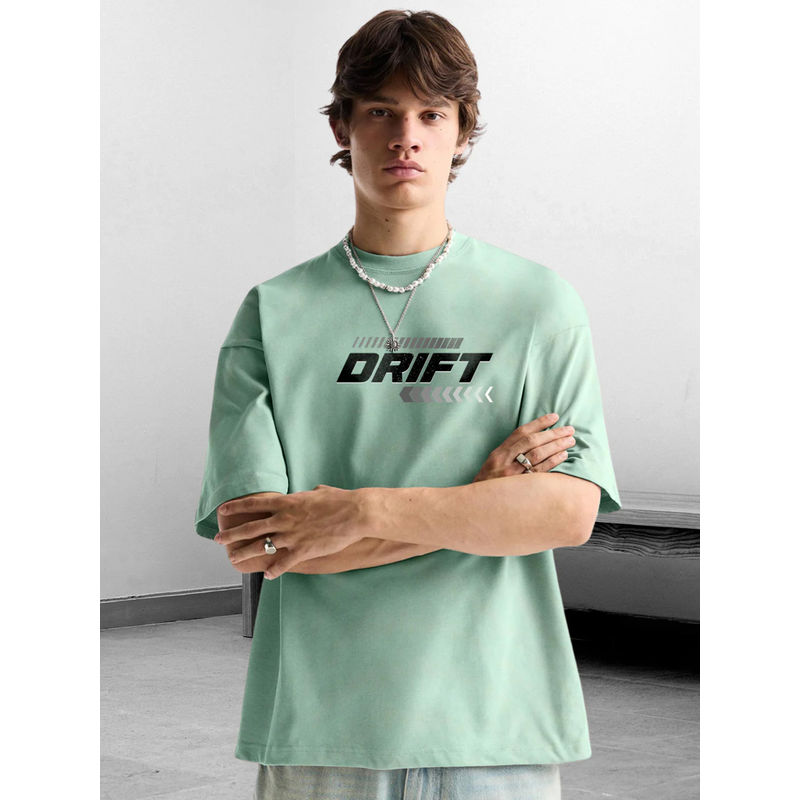 PRONK Cotton Printed Round Neck Oversized Mint Green T-Shirt for Men (XL)