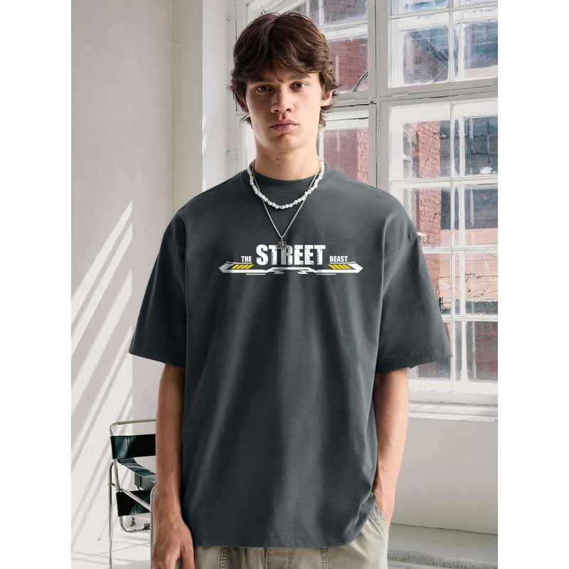 PRONK Terry Cotton Graphic Round Neck Dark Grey T-Shirt for Men (S)